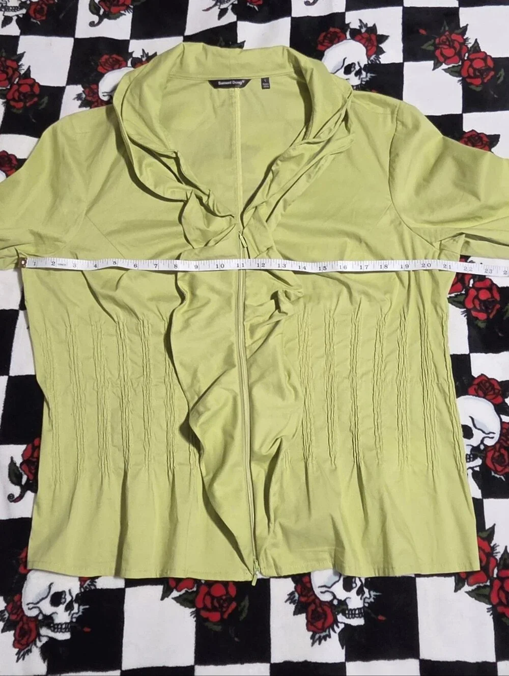 Samuel Dong Lime Green Ruffle Zip-Up Blouse